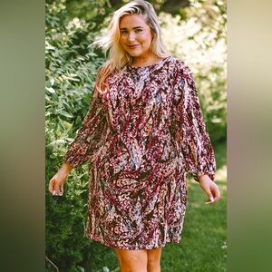 Plus Size Printed Round Neck Long Sleeve Mini Dress